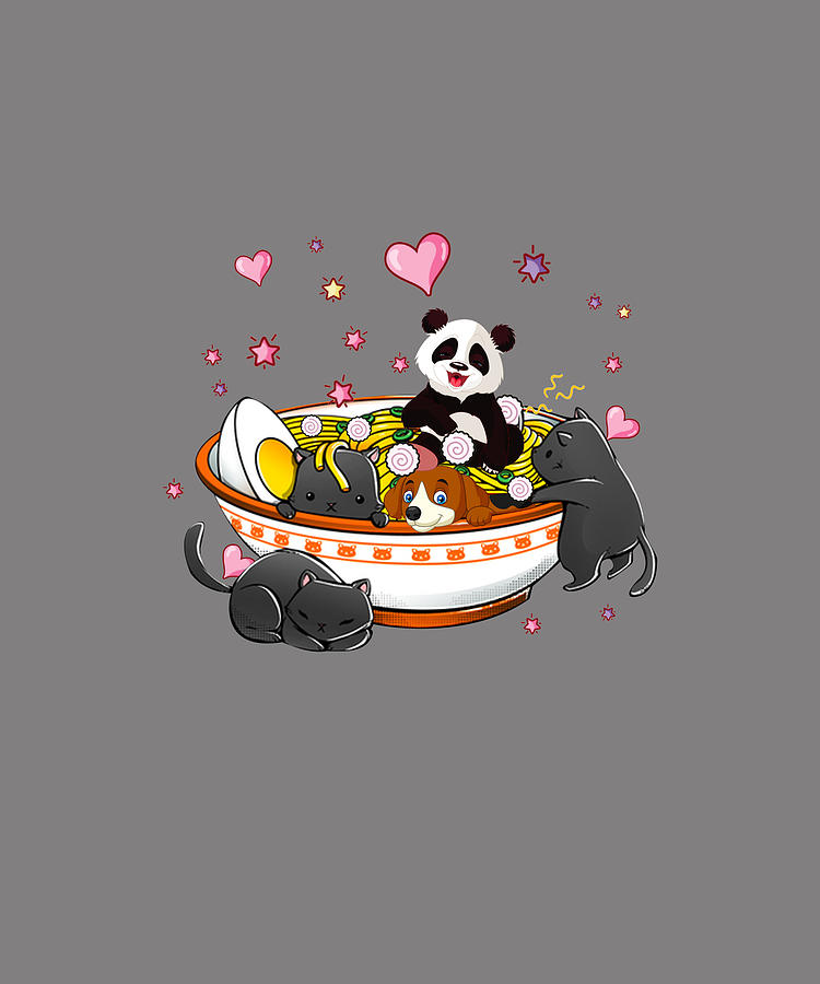 Cute Kawaii Cat Ramen Bowl Japanese Anime Panda Dog Noodle T Shirt