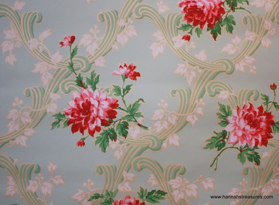 S Vintage Wallpaper Dark Pink Floral On Mint Green W A L P