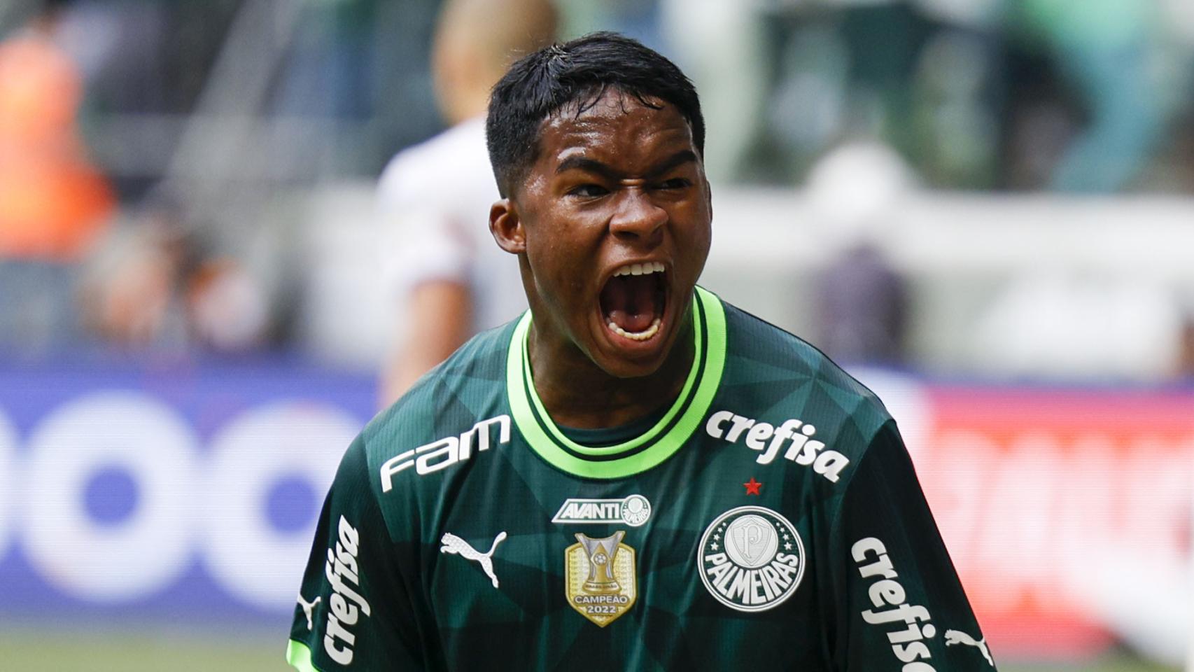 Endrick Felipe celebrates a goal for Palmeiras