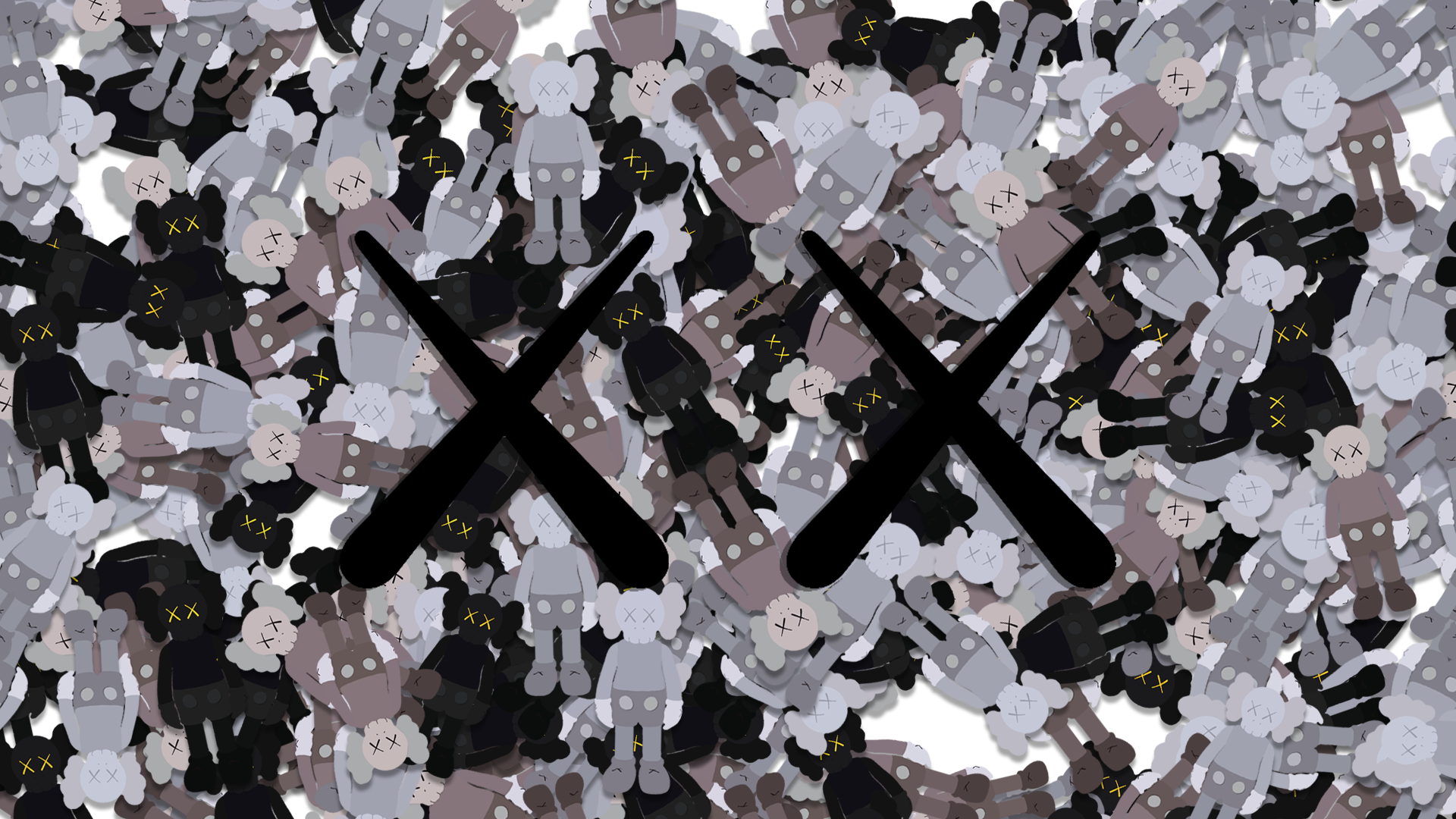 A densely packed collection of KAWS Companion figures in various shades of gray and black, with the signature 