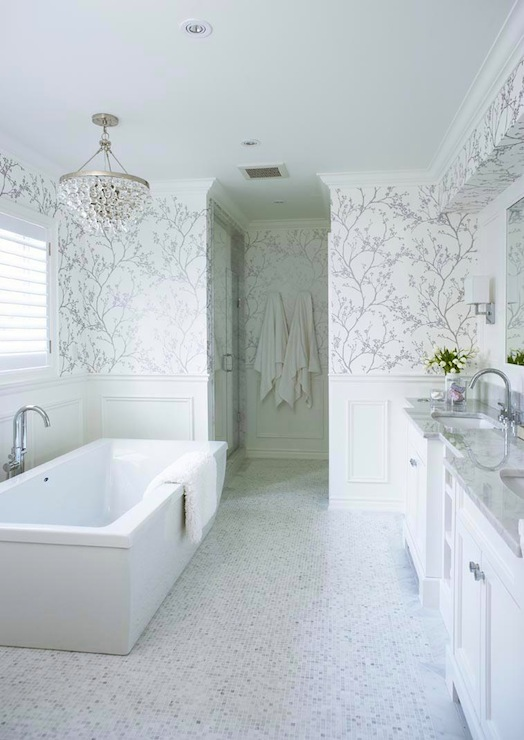 White And Silver Wallpaper Transitional Bathroom Jennifer Worts