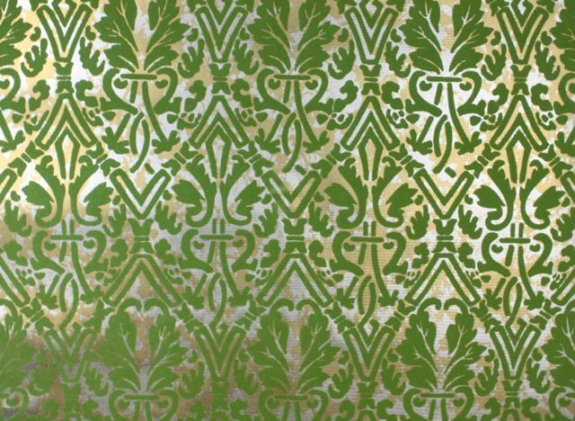 Vintage Flocked Wallpaper Green And Gold Damask