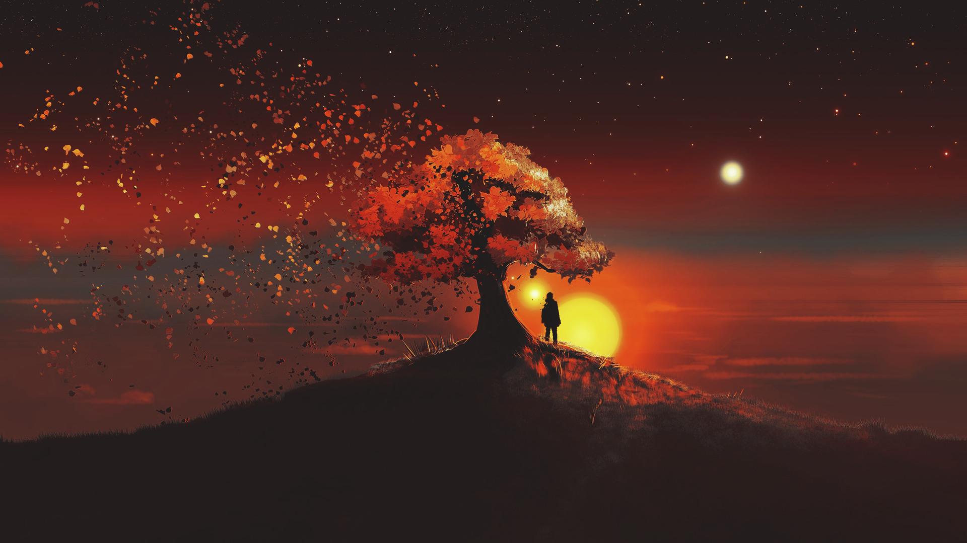 Sunset Trees Scenery Illustration Digital Art Landscape 4k