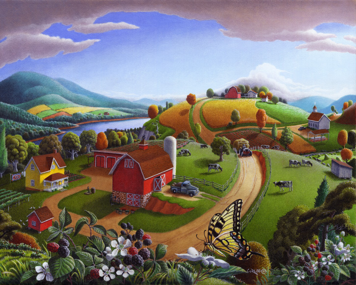 Folk Art Blackberry Patch Country Farm Landscape Painting Prints For
