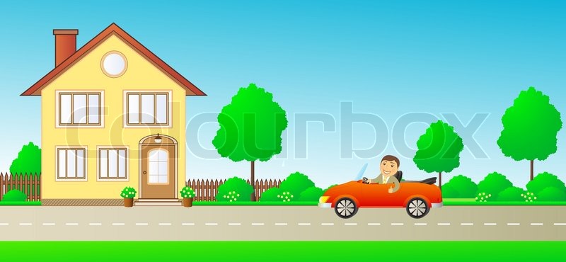 Cartoon Man With Thumb Up In Car Cabriolet On Road And Private House