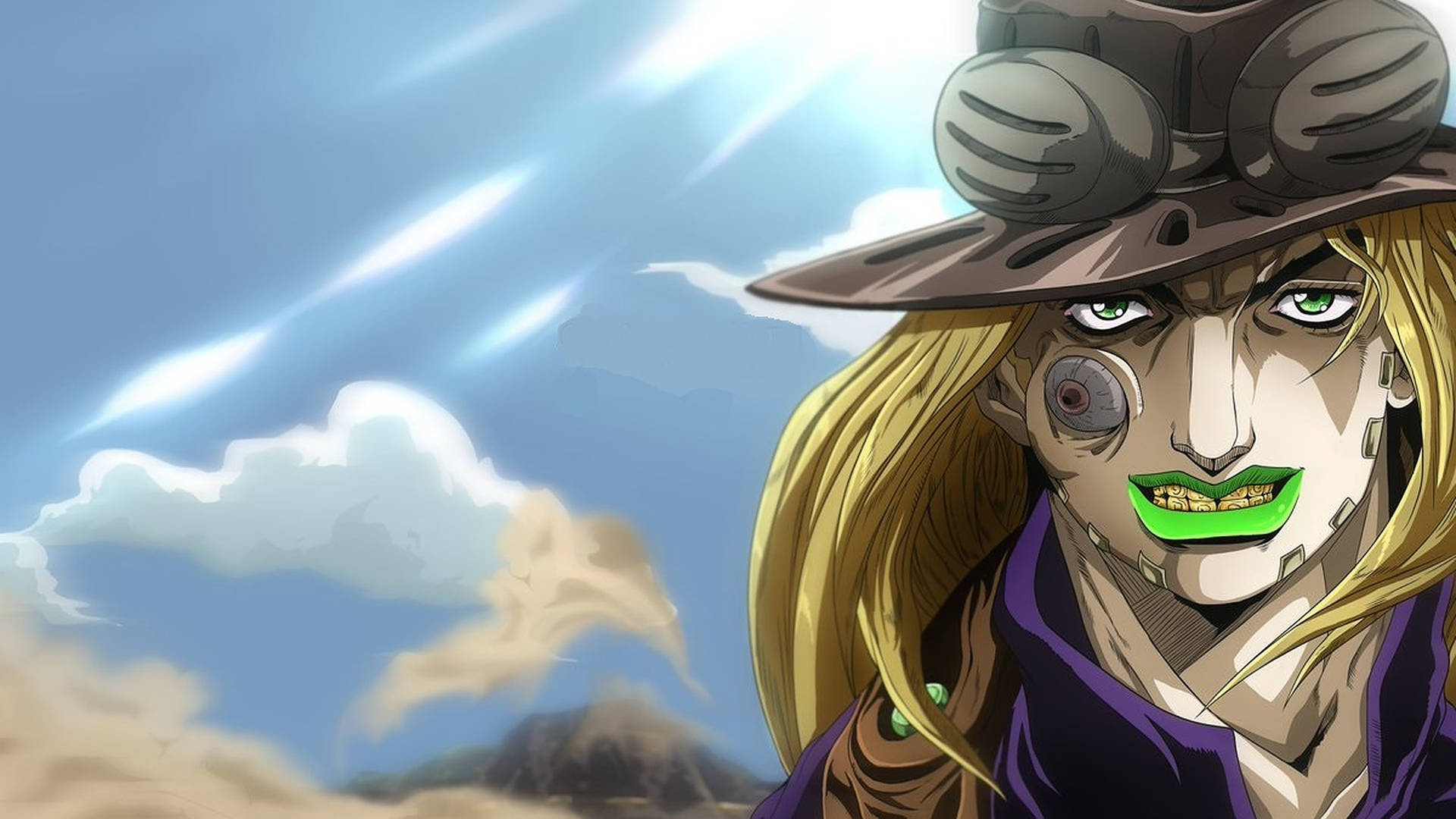Close-up of Gyro Zeppeli with a determined expression, set against a desert backdrop, ideal for phone wallpapers