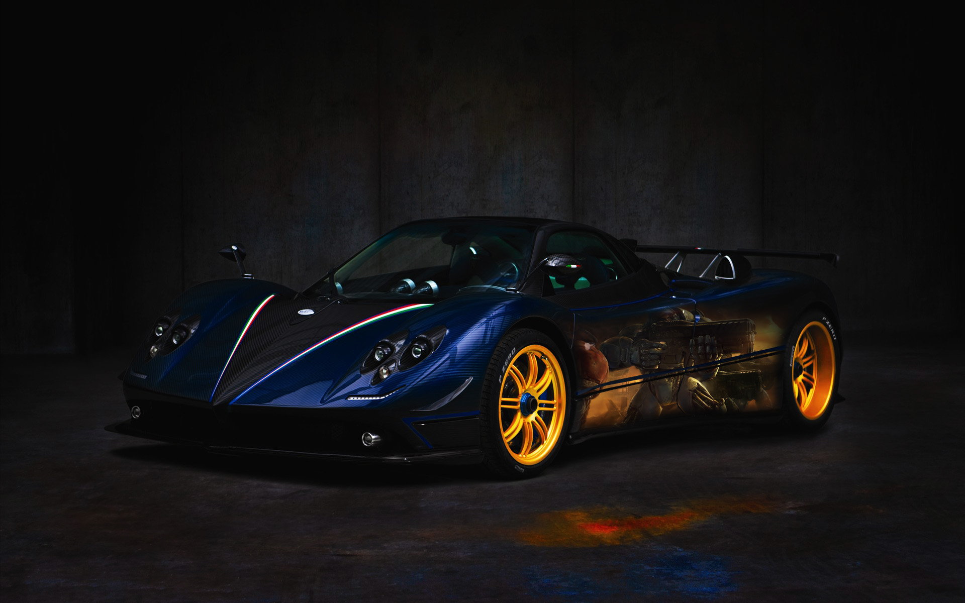 A sleek, dark blue Pagani Zonda supercar with gold rims, parked in a dimly lit garage. The car's side features a unique graphic design