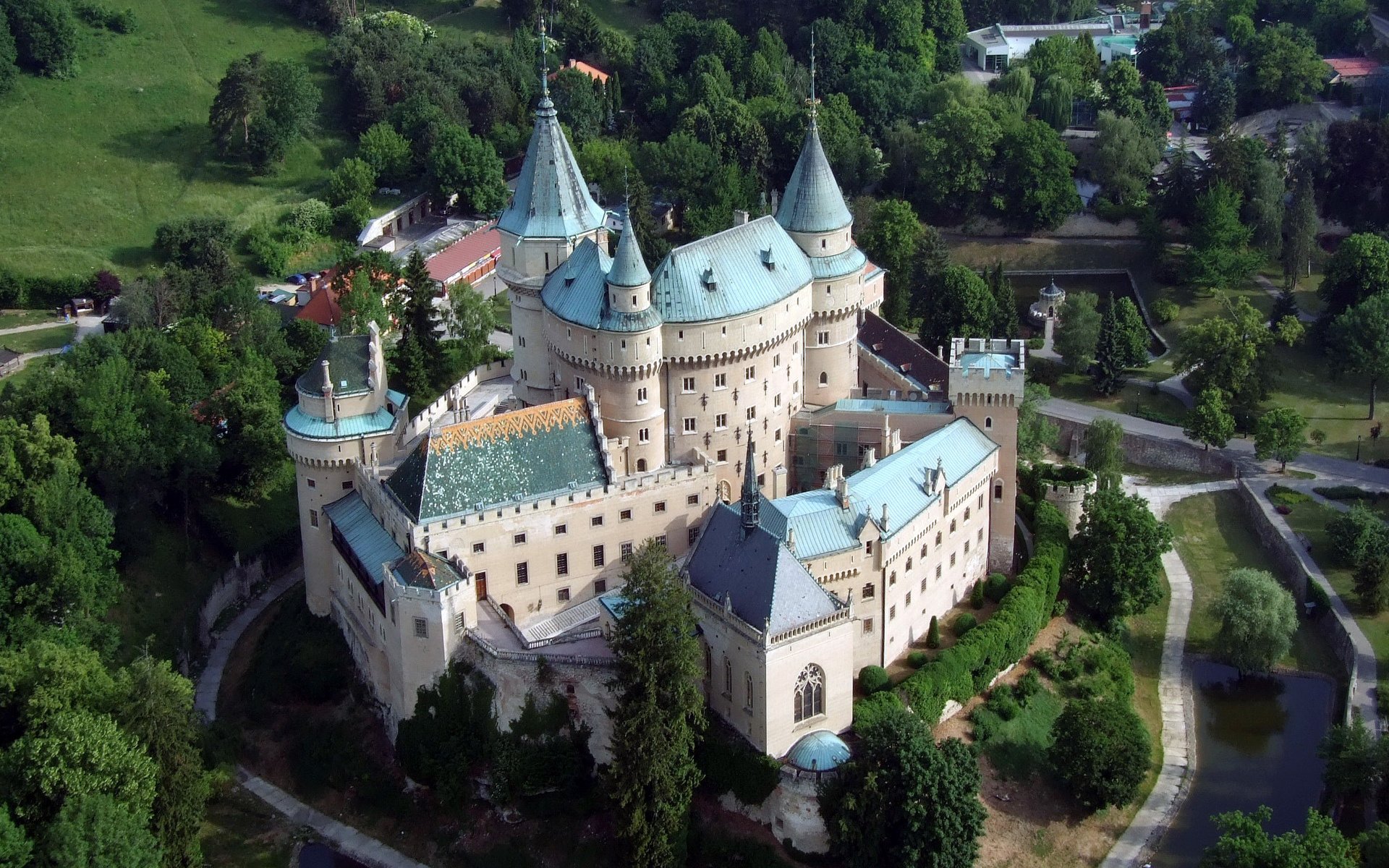 Castle Bojnice Slovakia Fort Trees Sky Bridge Water Wallpaper