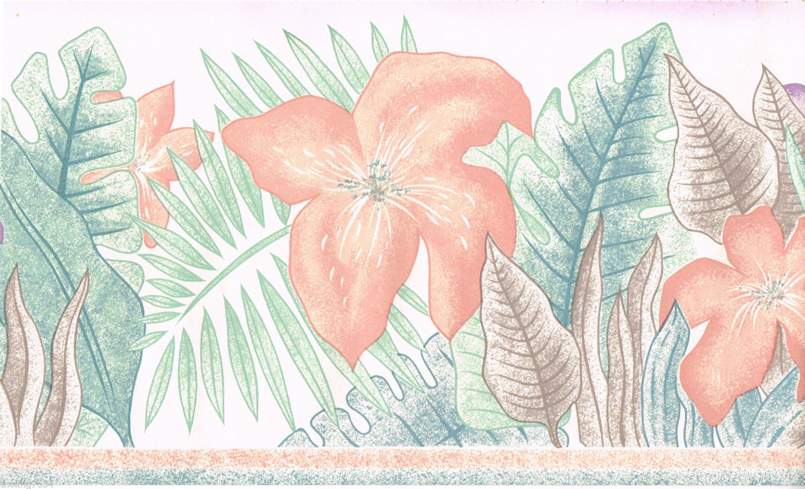 Pastel Blue Tropical Palm Leaf Foliage Peach Floral Flower Wall Paper