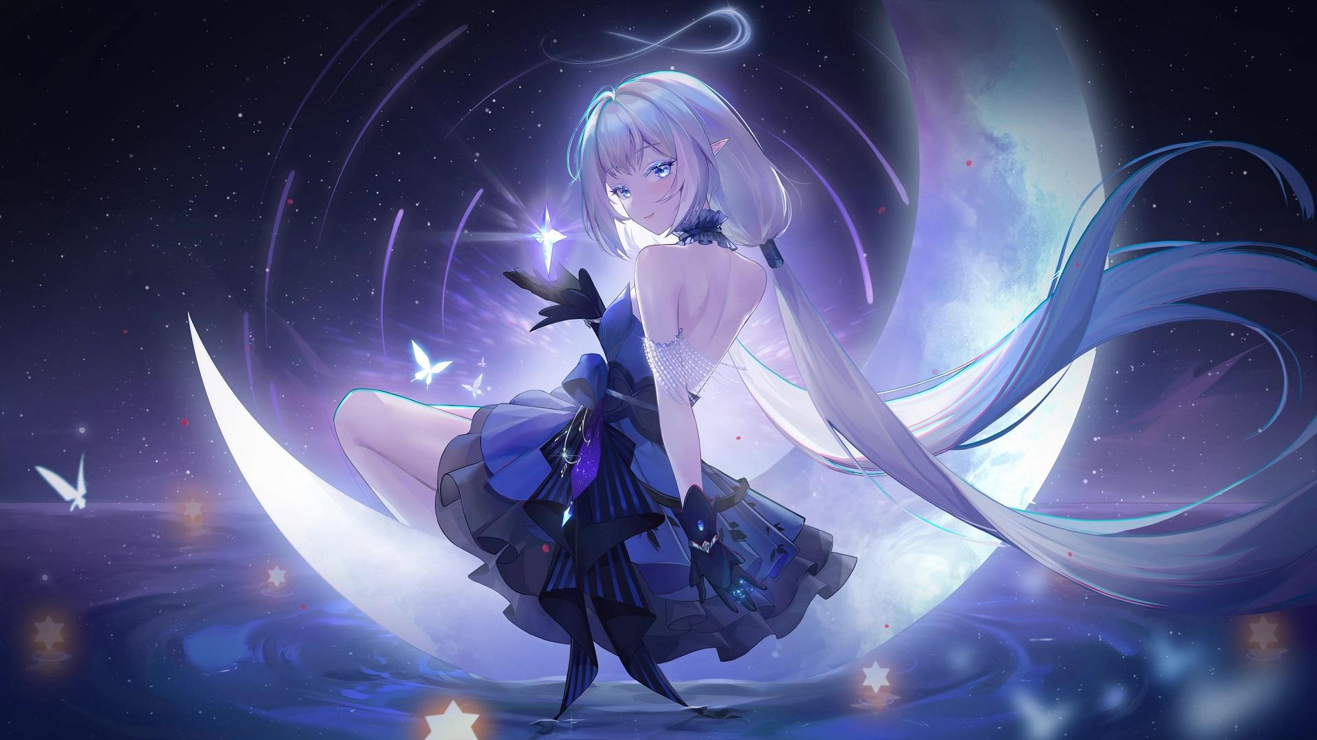 Beautiful Anime Girl Sitting On The Moon Live Wallpaper