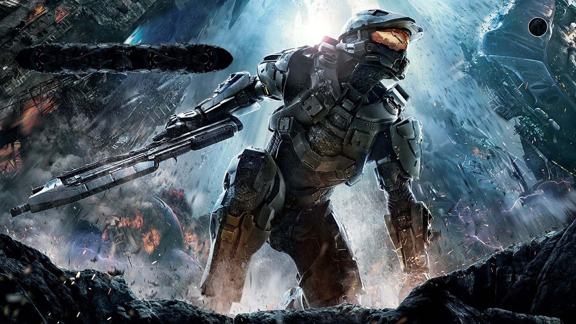 Master Chief in action-packed combat scene from a Halo video game, perfect for an Xbox wallpaper