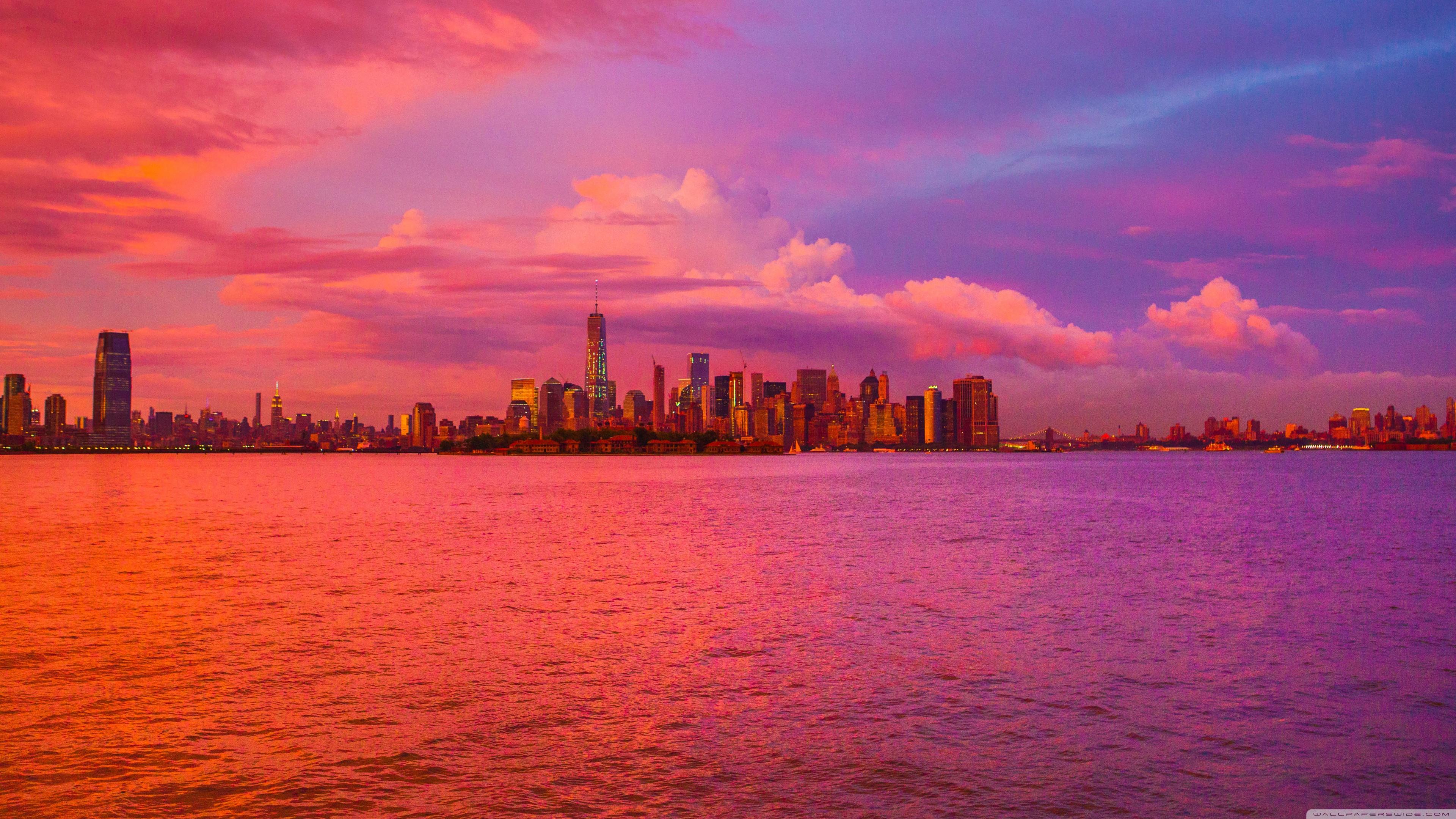 New York City Pink Sunset Ultra HD Desktop Background Wallpaper
