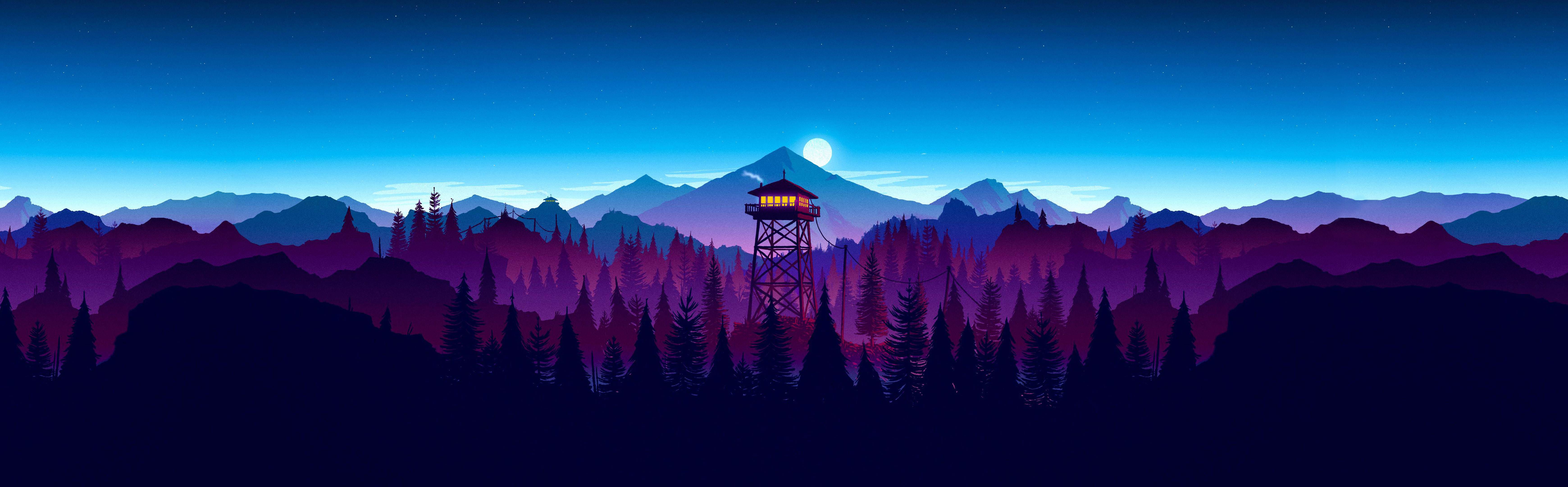 A panoramic, minimalist landscape wallpaper in 5120x1440 resolution, featuring a fire lookout tower silhouetted against a backdrop of a full moon, mountain range, and a coniferous forest. The scene is bathed in a gradient of deep blues and purples, creating a tranquil and atmospheric vista