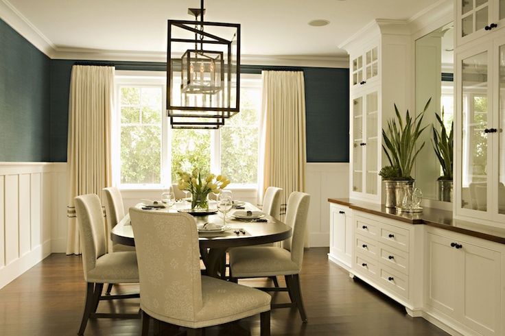 Elegant Dining Room With Teal Blue Grasscloth Wallpaper Board And