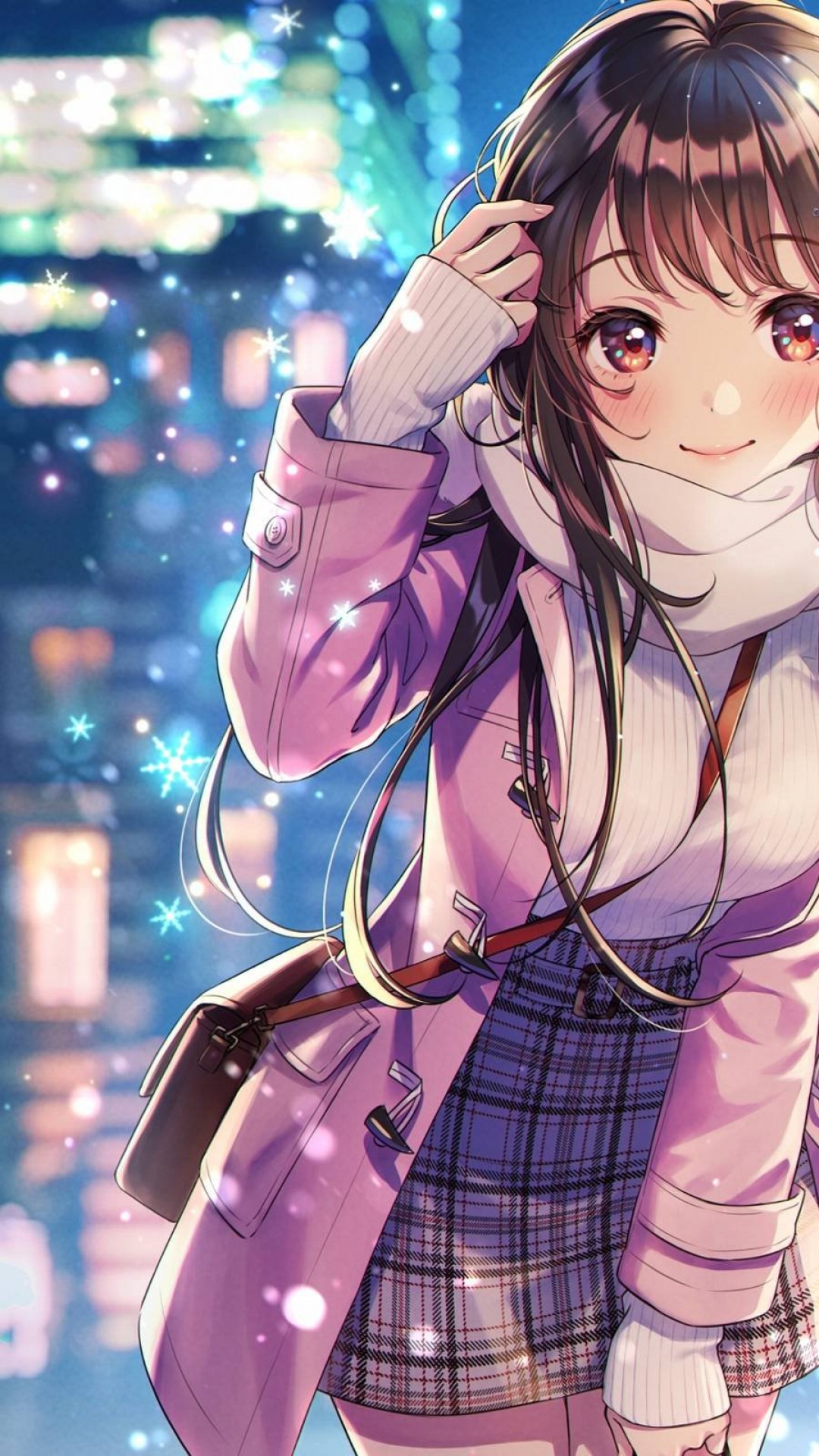 A cute anime girl with long brown hair and purple eyes, wearing a pink coat and a plaid skirt, enjoys a winter walk under the city lights. Snowflakes gently fall around her, adding to the magical atmosphere