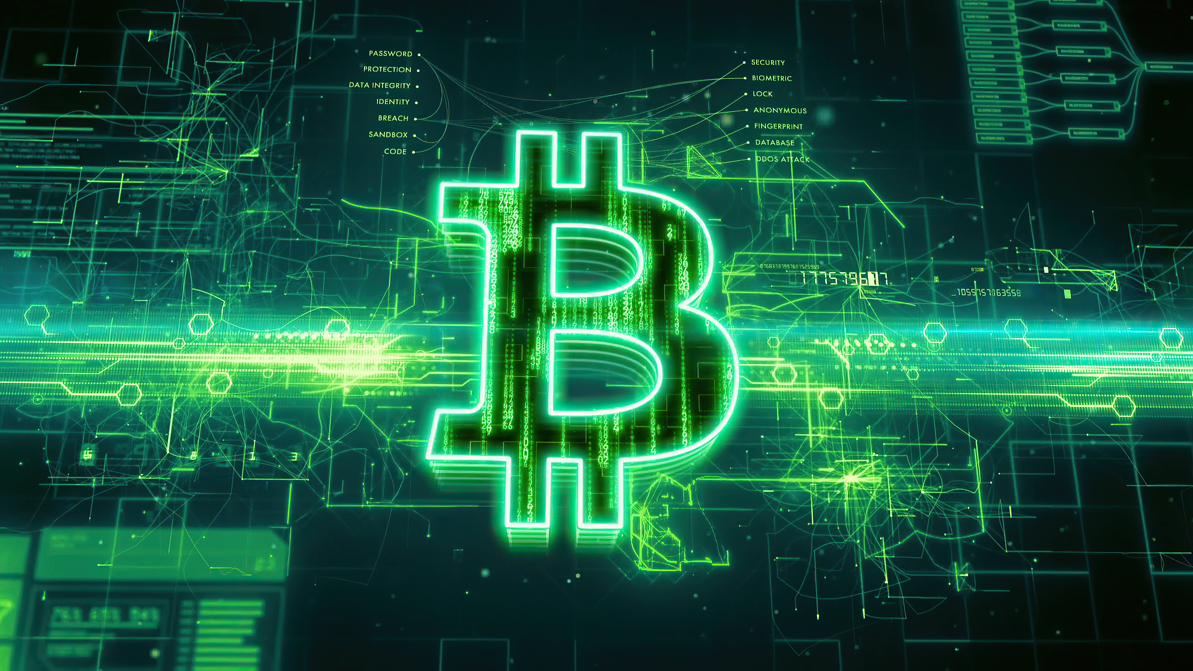 A vibrant green Bitcoin symbol glowing against a backdrop of digital code and circuitry, representing the cryptocurrency's integration with technology