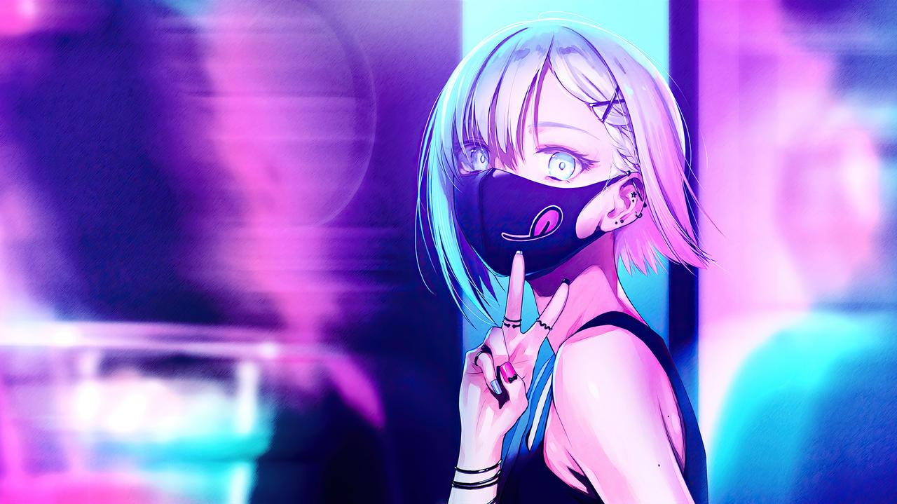 Anime Girl with Neon Face Mask 4K Wallpaper by OmegaHD