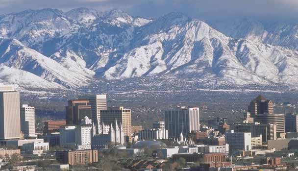 Salt Lake City downtown skyline with Mt Olympus and the Wasatch in