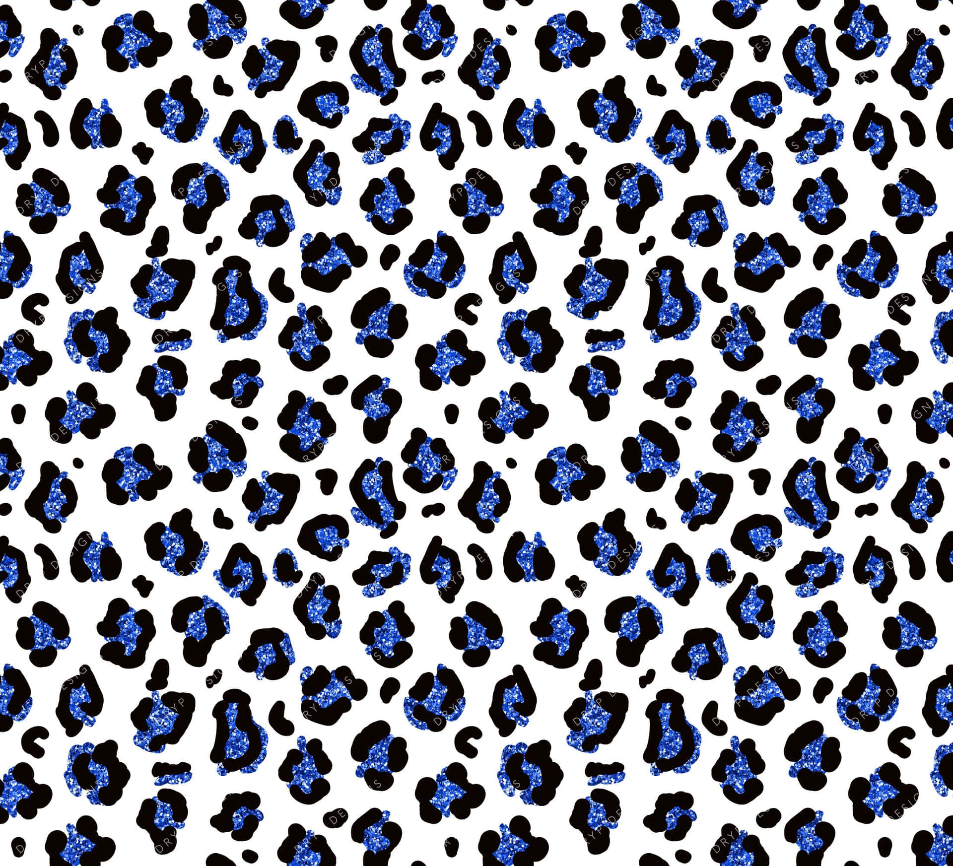 A seamless pattern of black leopard spots with a sparkly, glittery blue fill on a white background. Perfect for a vibrant and glamorous design