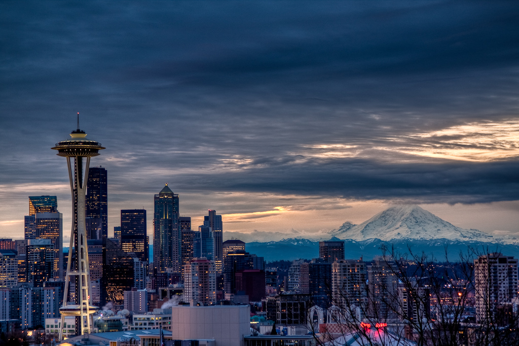 Space Needle With Mount Rainier Sunrise In The Background HDr