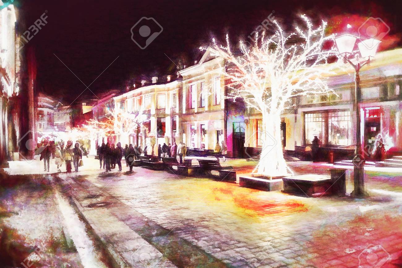 Colours City At Night In Christmas Artwork Painting   Art