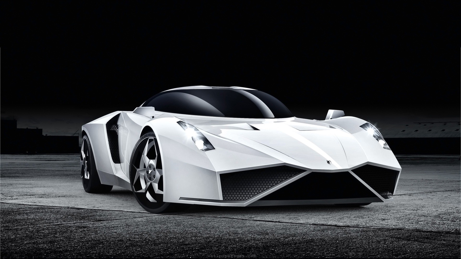 A sleek, futuristic white concept car parked on a dark asphalt surface, illuminated by dramatic lighting. This stylish vehicle showcases an aerodynamic design and unique detailing, perfect for car enthusiasts