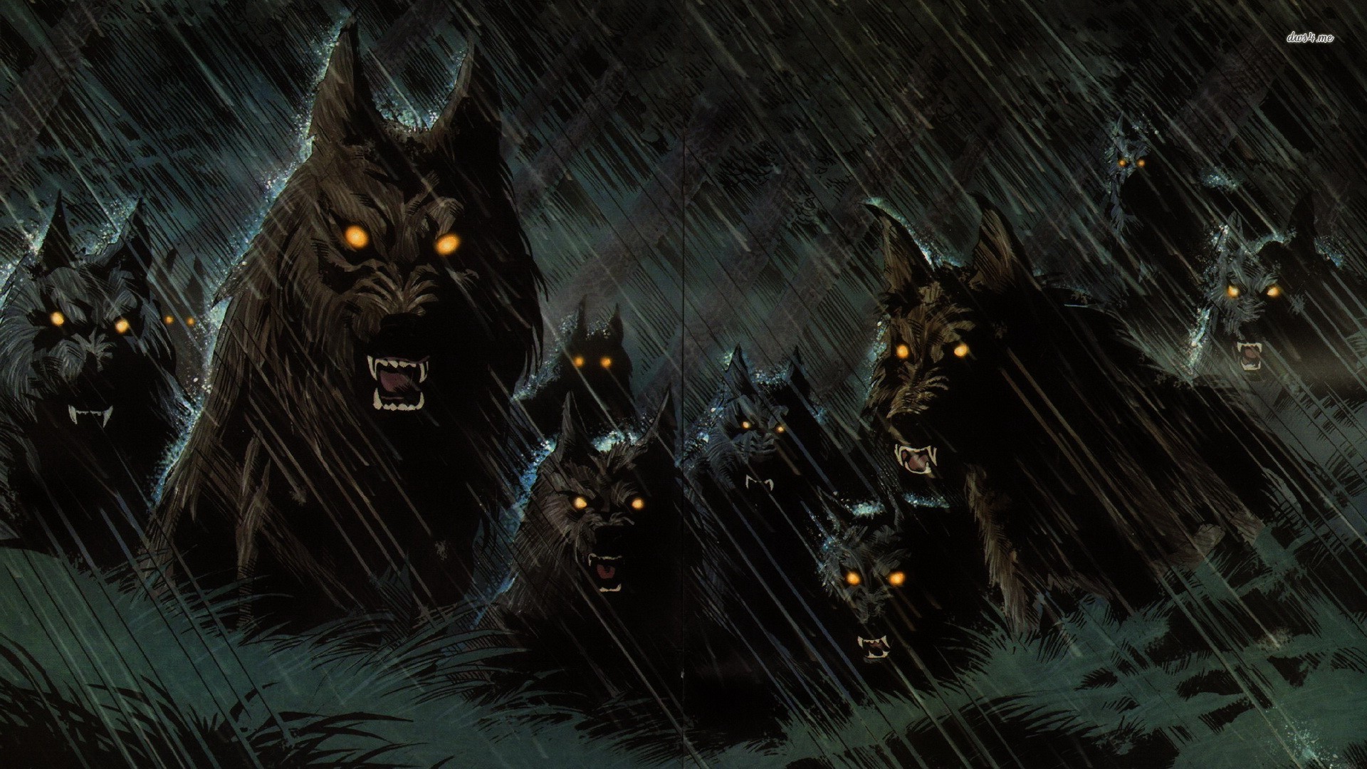 Werewolf pack in the rain wallpaper   972896