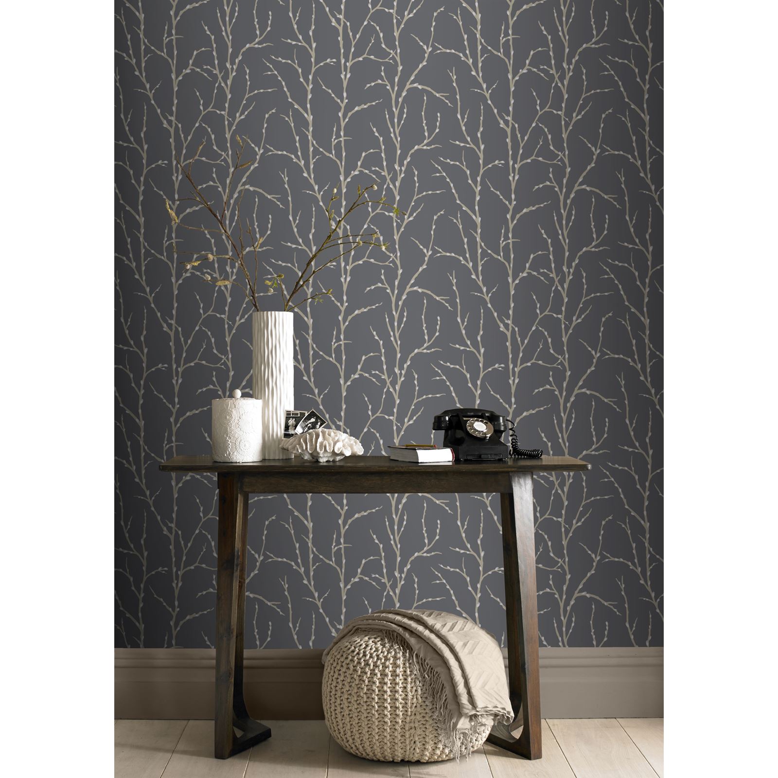 Rasch Pussy Willow Tree Wallpaper Charcoal Grey Silver Room