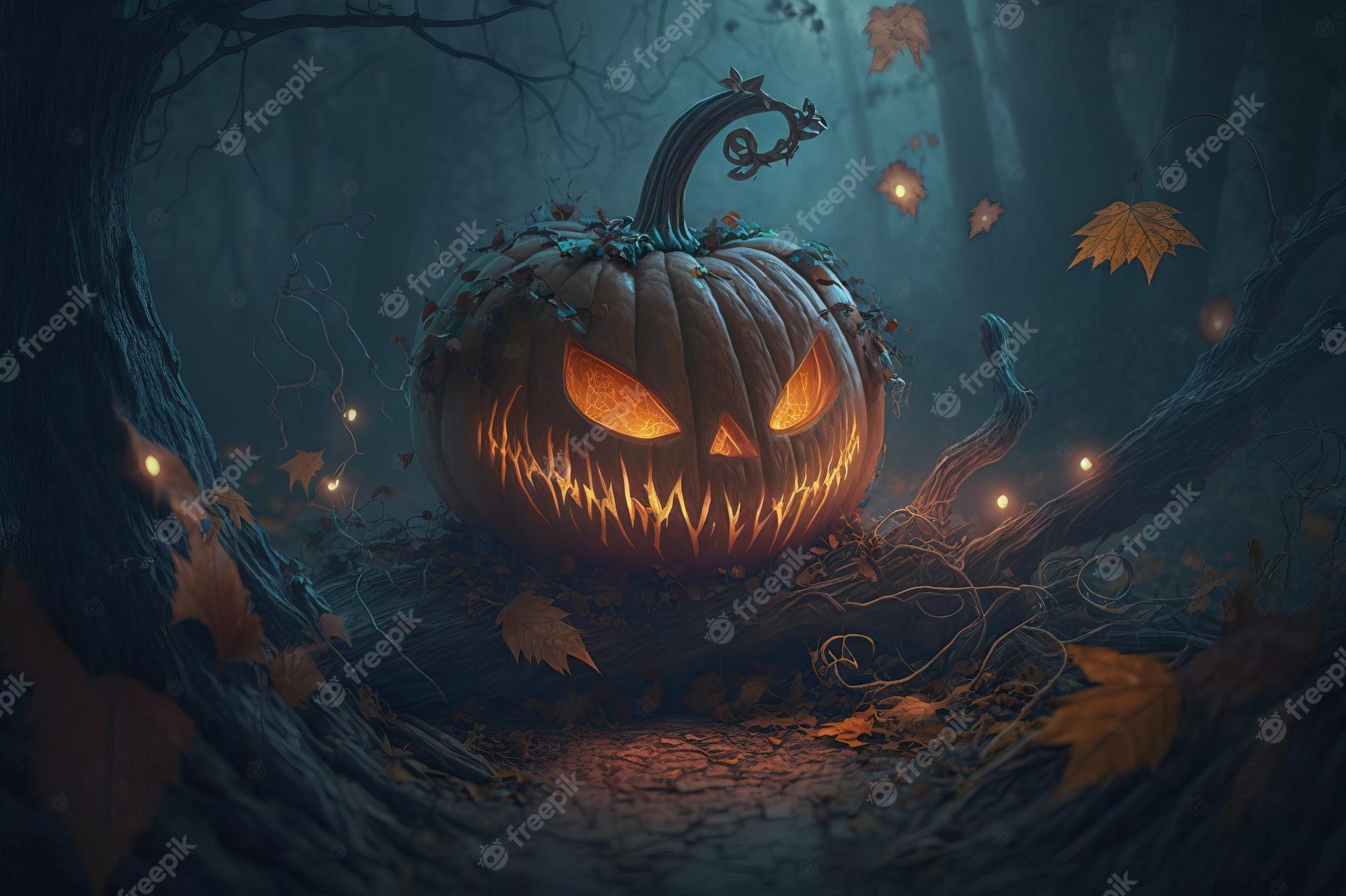 Premium Photo A Halloween Pumpkin In Dark Forest With Leaves