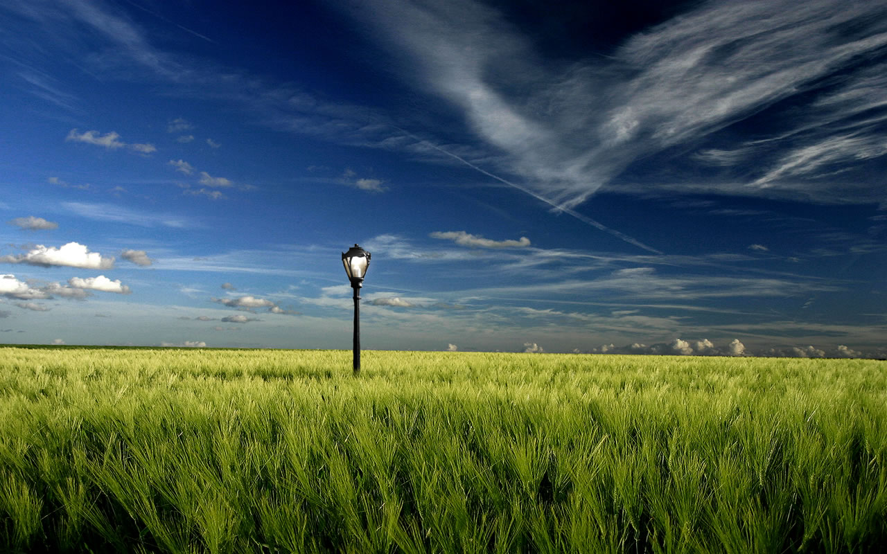 A lone lamppost stands in a vast green field under a vibrant blue sky with wispy white clouds. This surreal landscape evokes a sense of solitude and tranquility