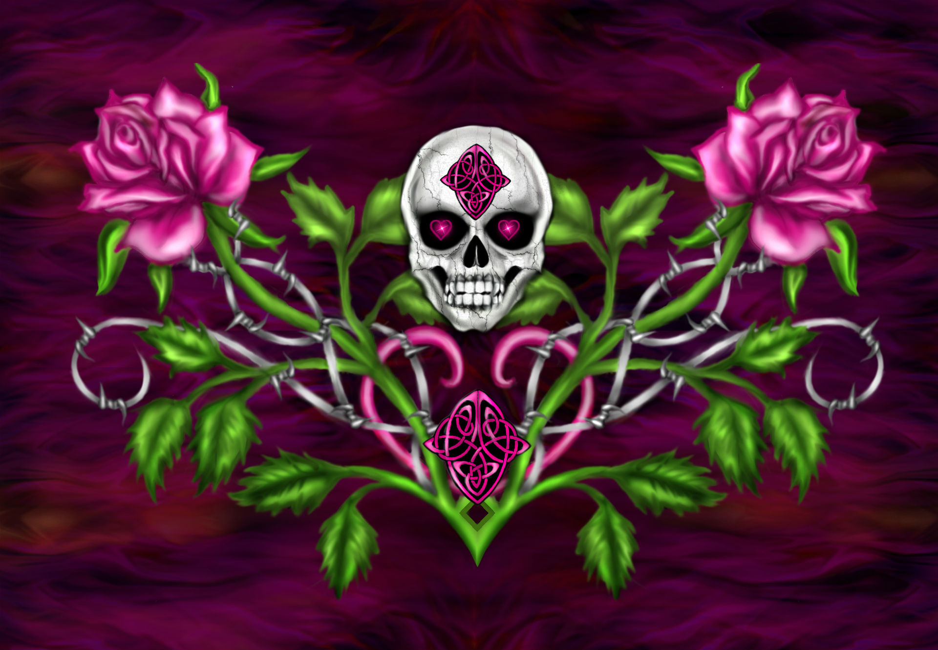 Dark Horror Gothic Skull Flowers Occult Art Wallpaper
