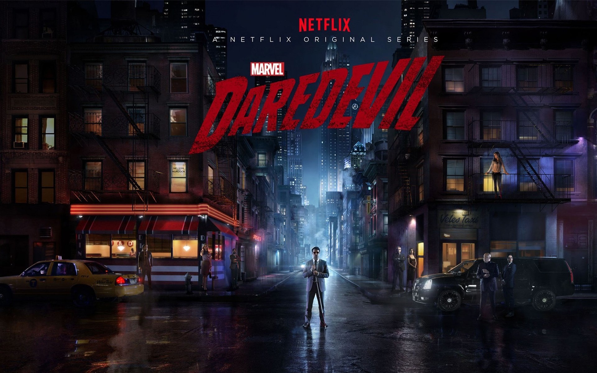 Promotional poster for the Netflix original series Marvel's Daredevil, featuring Matt Murdock standing in a rain-slicked New York City street at night
