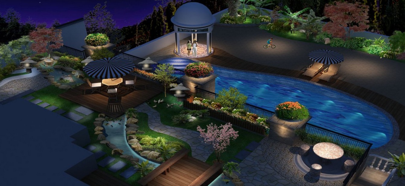 Spanish Style Swimming Pool Design Night Rendering 3d House