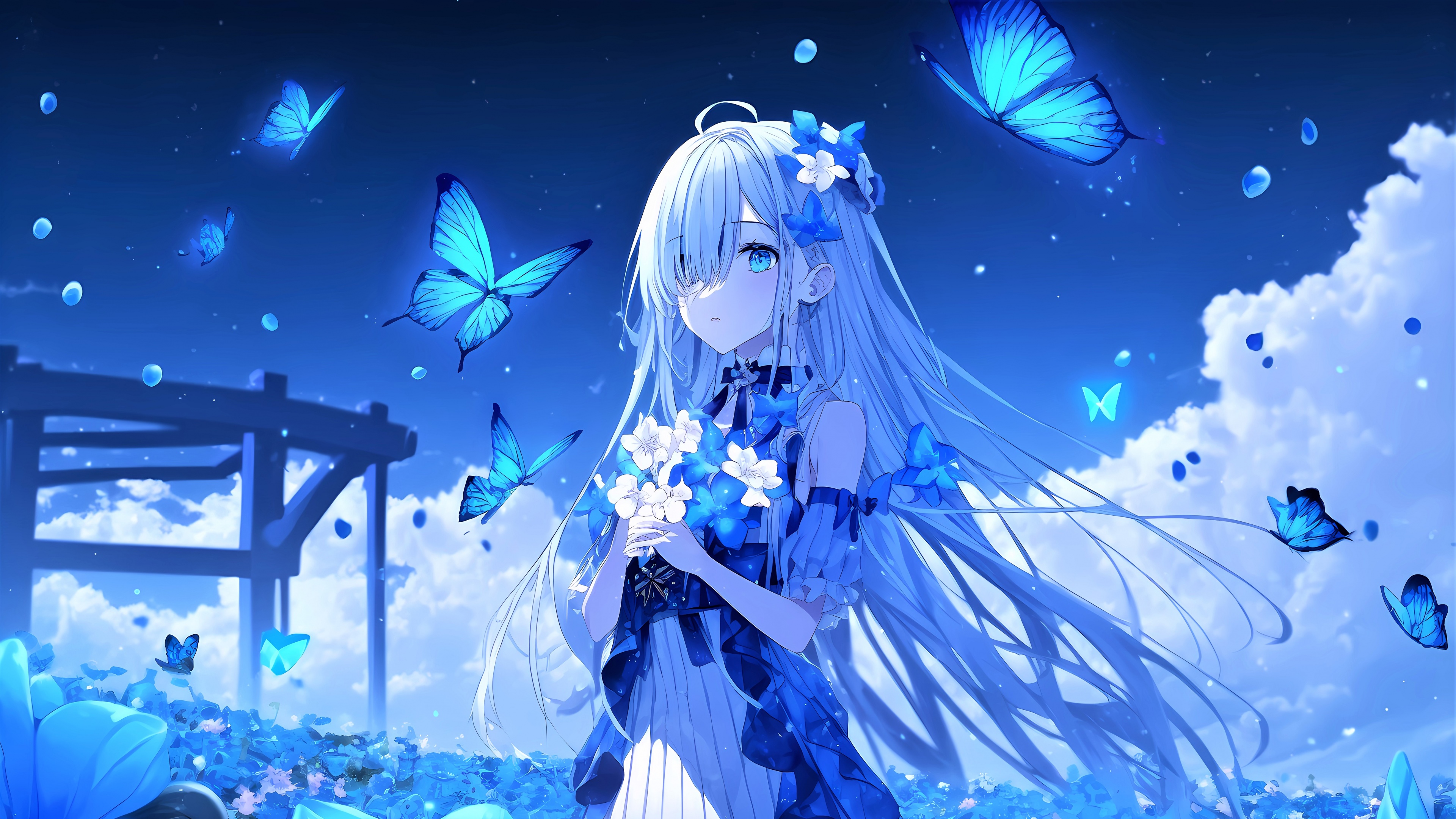 Wallpaper Blue Girl Anime Neko Ears
