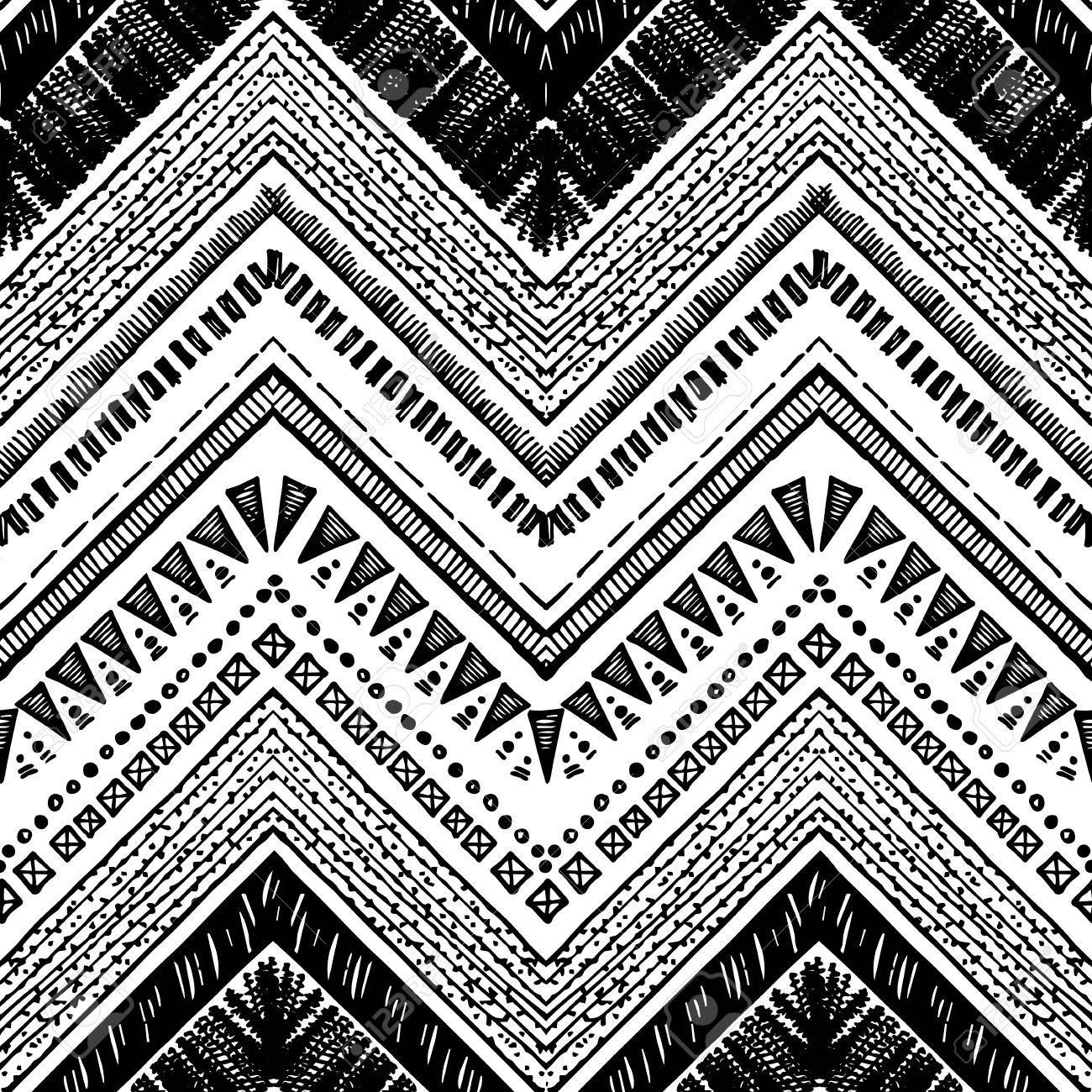 Hand Drawn Tribal Pattern Black And White Colors For Textile