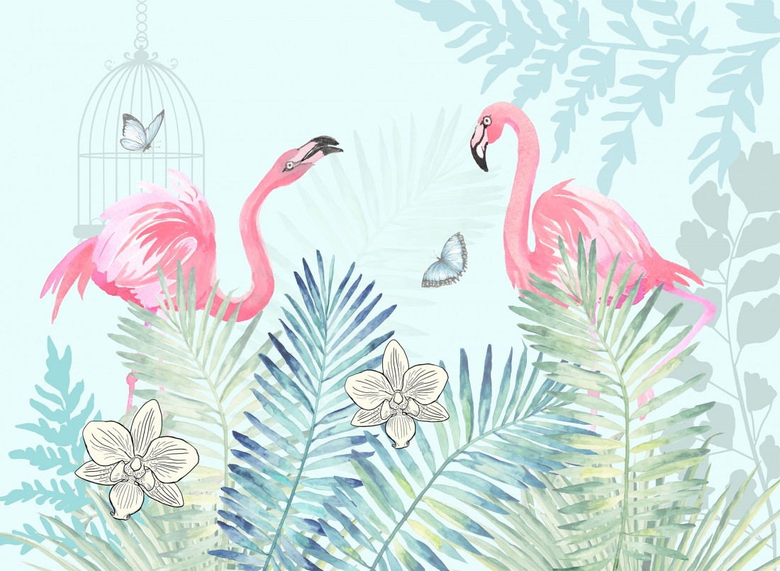 Vintage Pink Flamingo With Tropical Leaves Wallpaper Mural