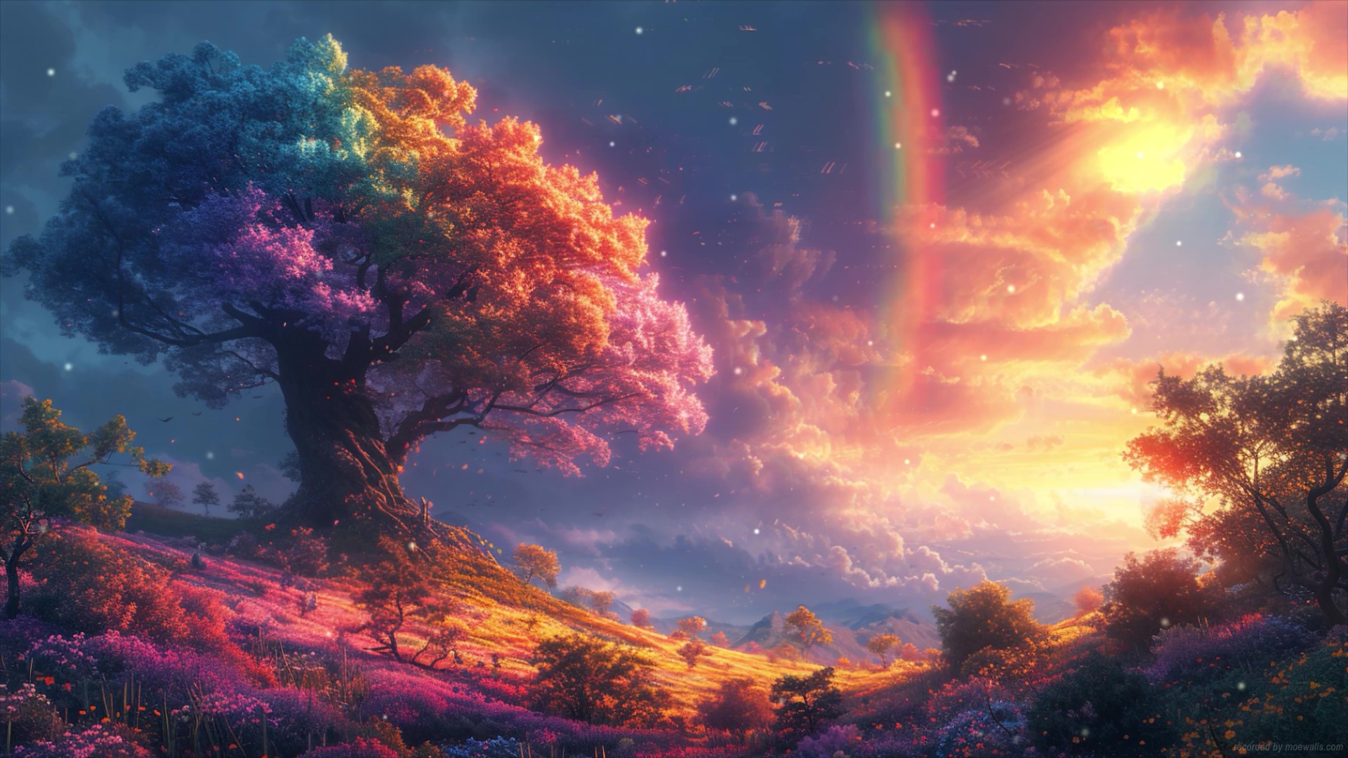 A vibrant, fantastical landscape featuring a large, multicolored tree at sunset, with a rainbow in the sky