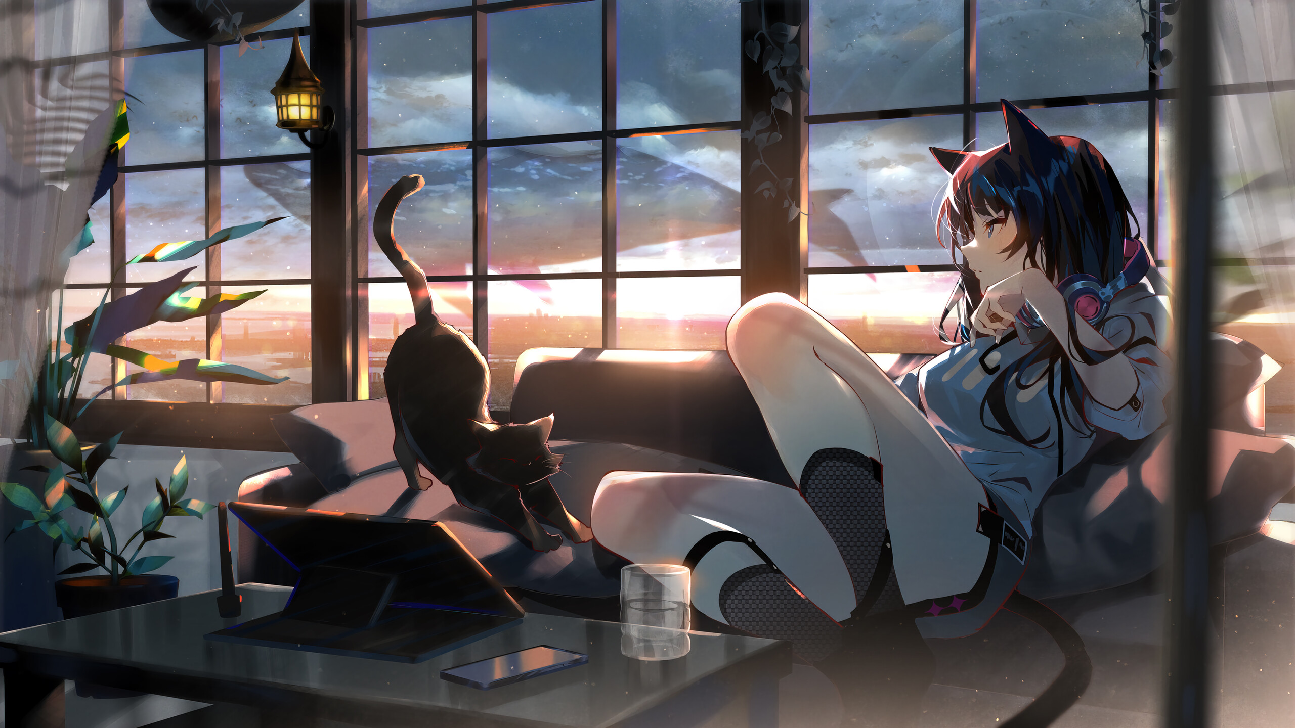 Anime Girl Cat Sunset 4k Phone iPhone Wallpaper 4810b
