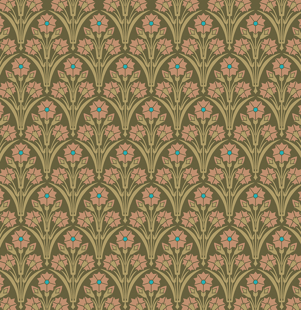 Victorian Style Wallpaper Green Bachelor Button Floral