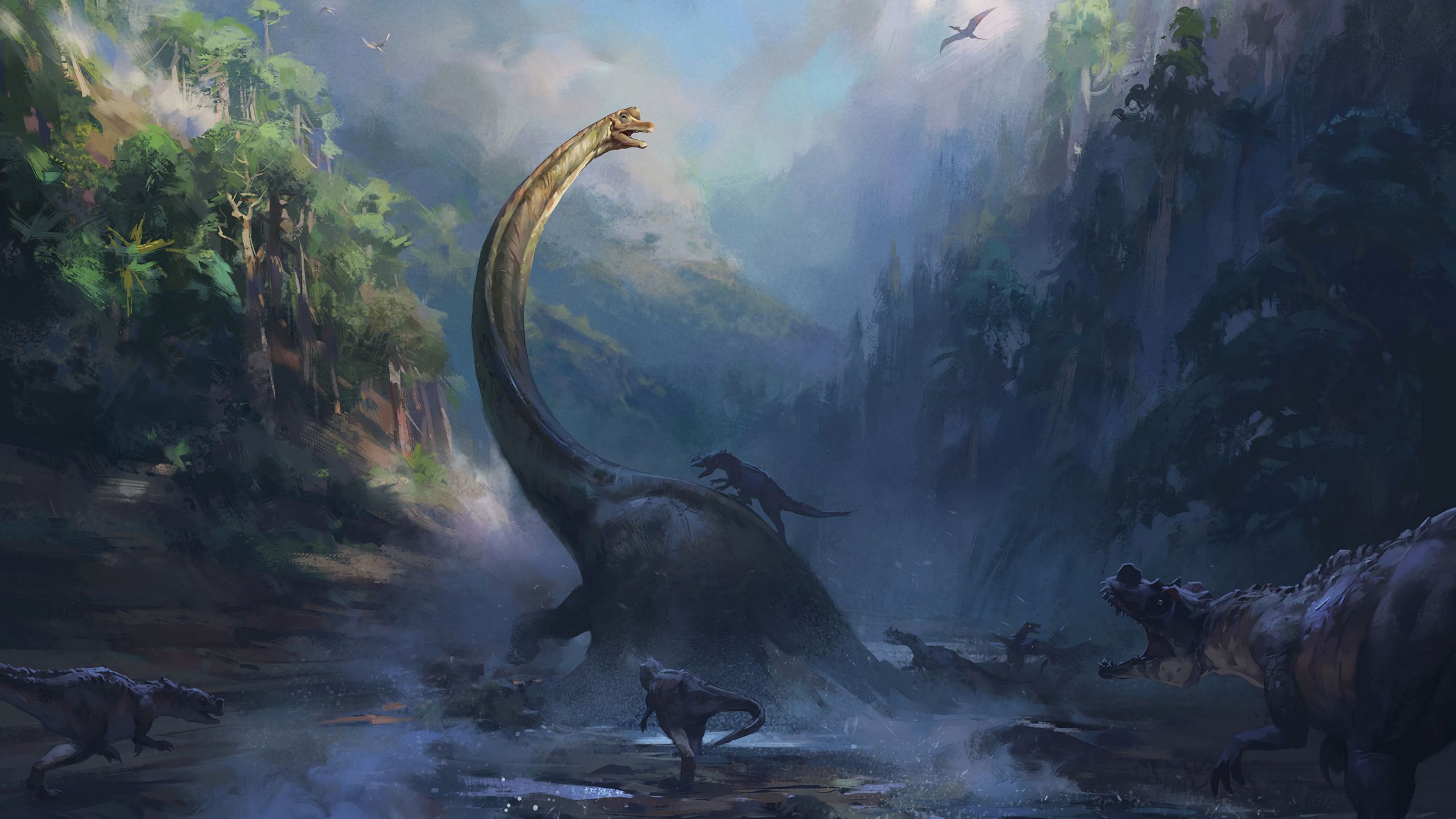 Download wallpaper 2560x1440 dinosaurs art reptiles wildlife