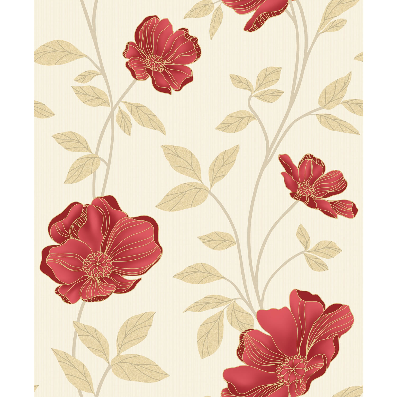 Grandeco Charming Florals Printed Red Flower On Cream Wallpaper 10m