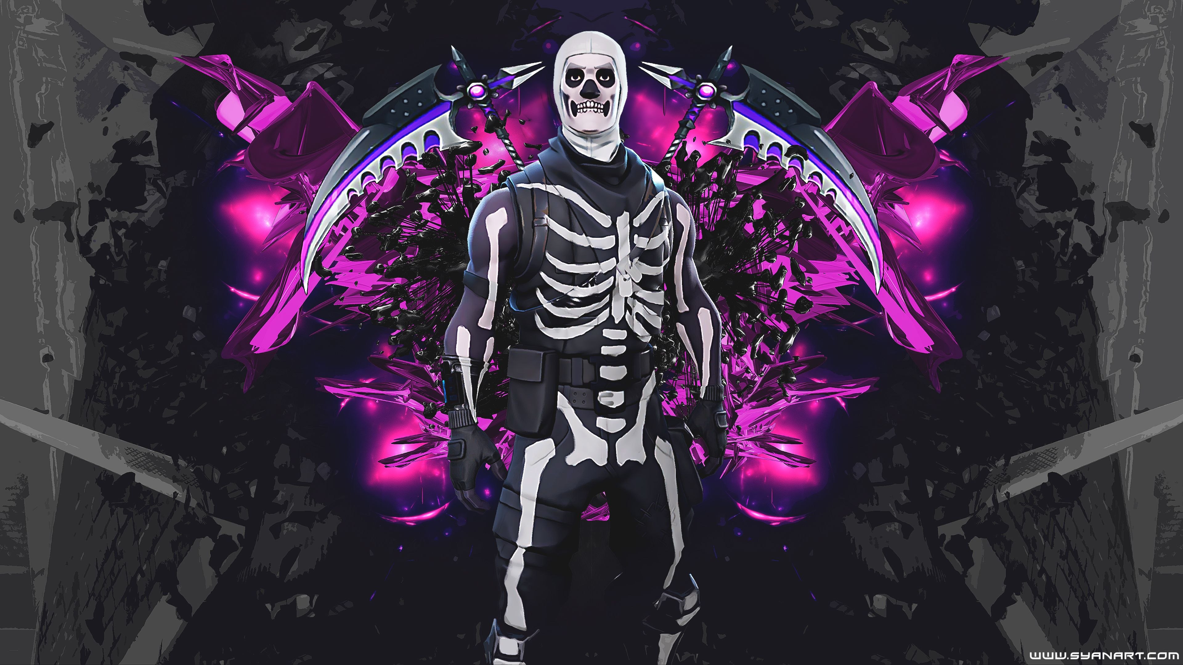 Skull Trooper Fortnite Skin wallpaper, dark purple and black background with scythes