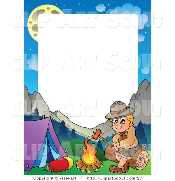 Vector Clipart of a Camping Boy Scout Roasting a Hot Dog Frame by