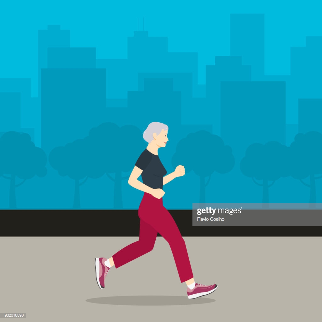 Healthy Old Woman Jogging And City On The Background Illustration