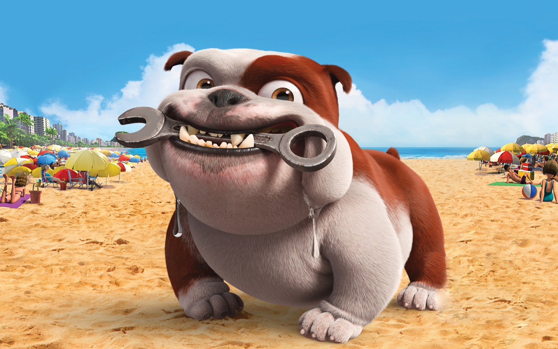 A cute cartoon bulldog drools playfully on a sunny beach, holding a wrench in its mouth.  Perfect for a fun, lighthearted wallpaper