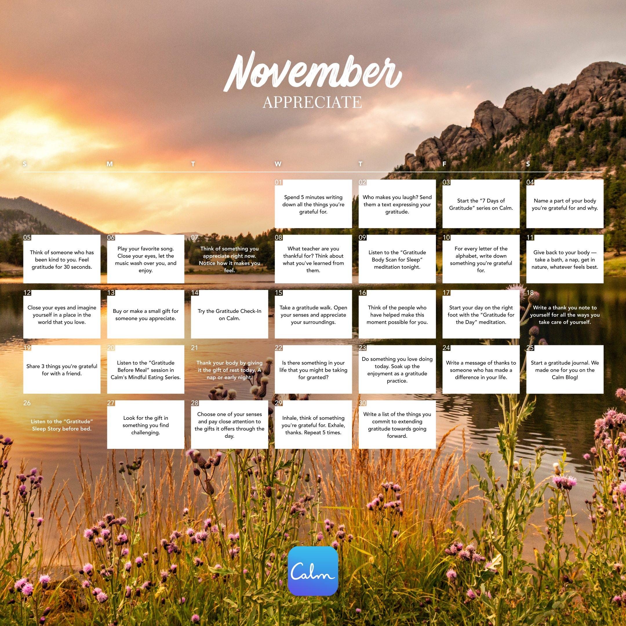 November Calm Calendar