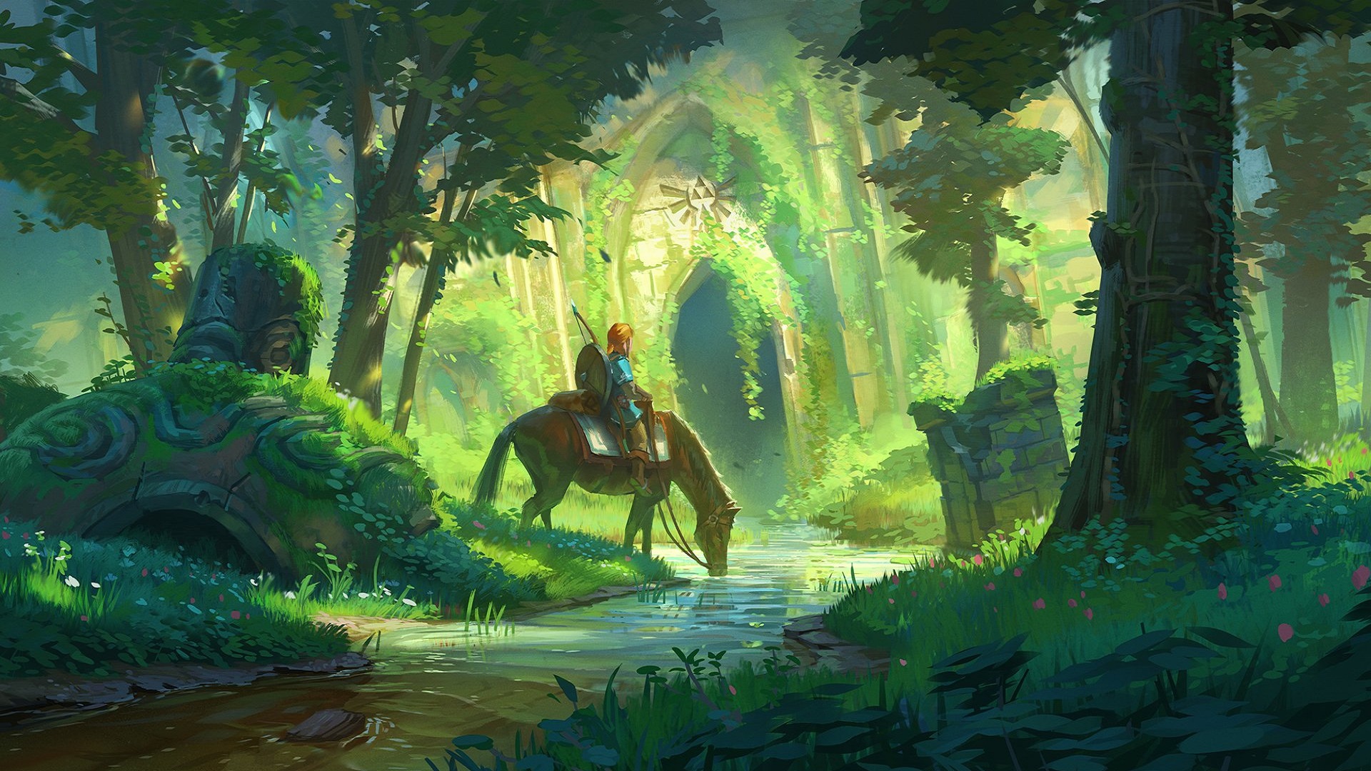 Link on horseback pauses by a stream in a lush, overgrown forest, with ancient ruins in the background, in this Legend of Zelda fan art