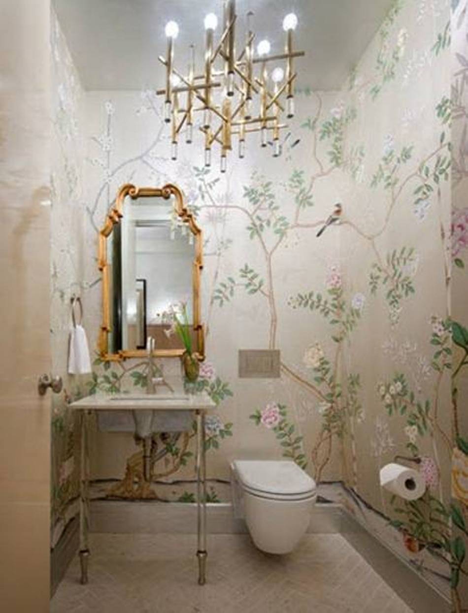 Half Bath Design With Wallpaper And Console Sink Mirror Wall