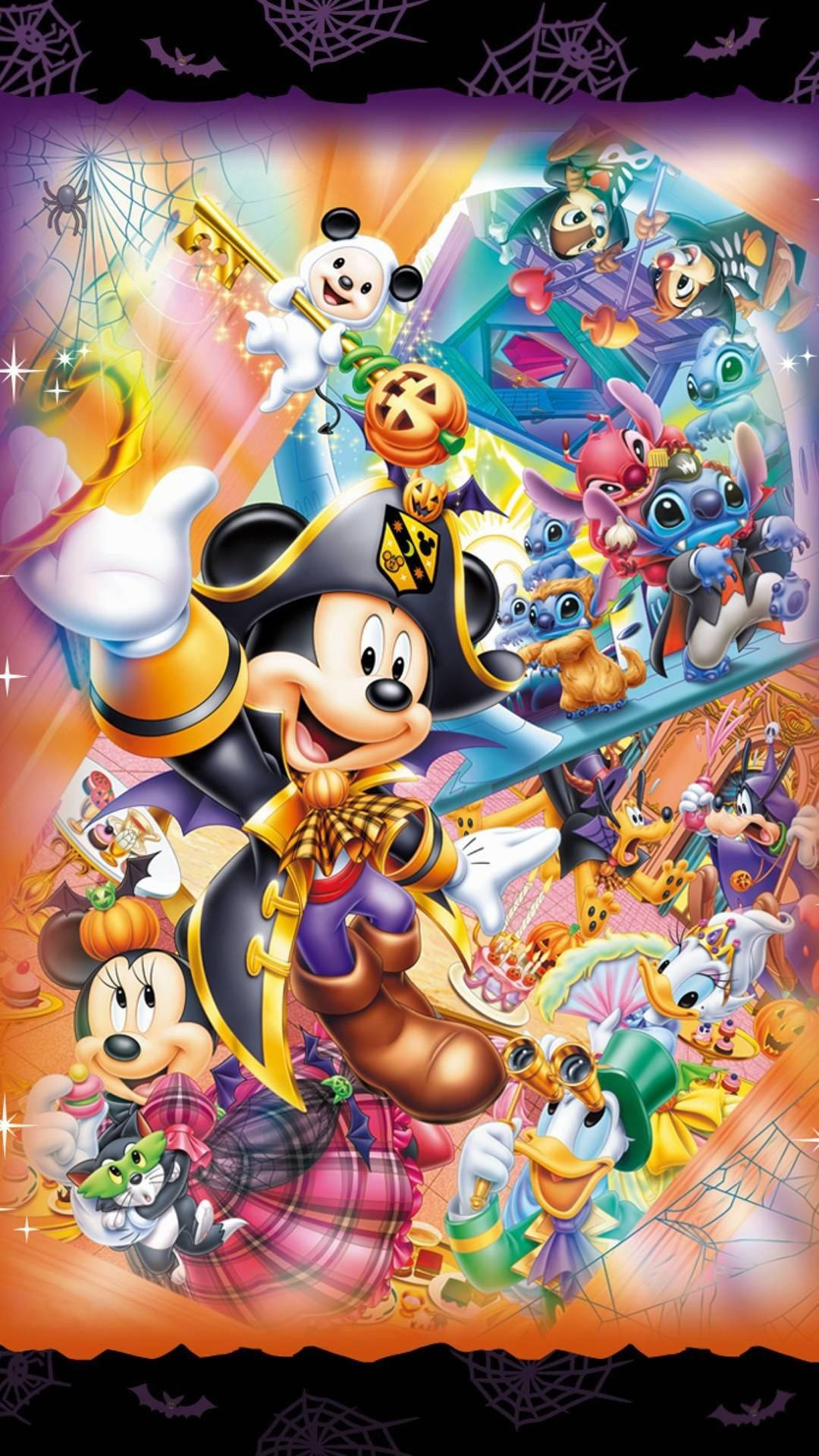 A vibrant Halloween scene featuring Disney characters in costume, including Mickey Mouse as a pirate, Minnie Mouse in a Halloween dress, Donald Duck, and Stitch, with festive decorations and spooky elements