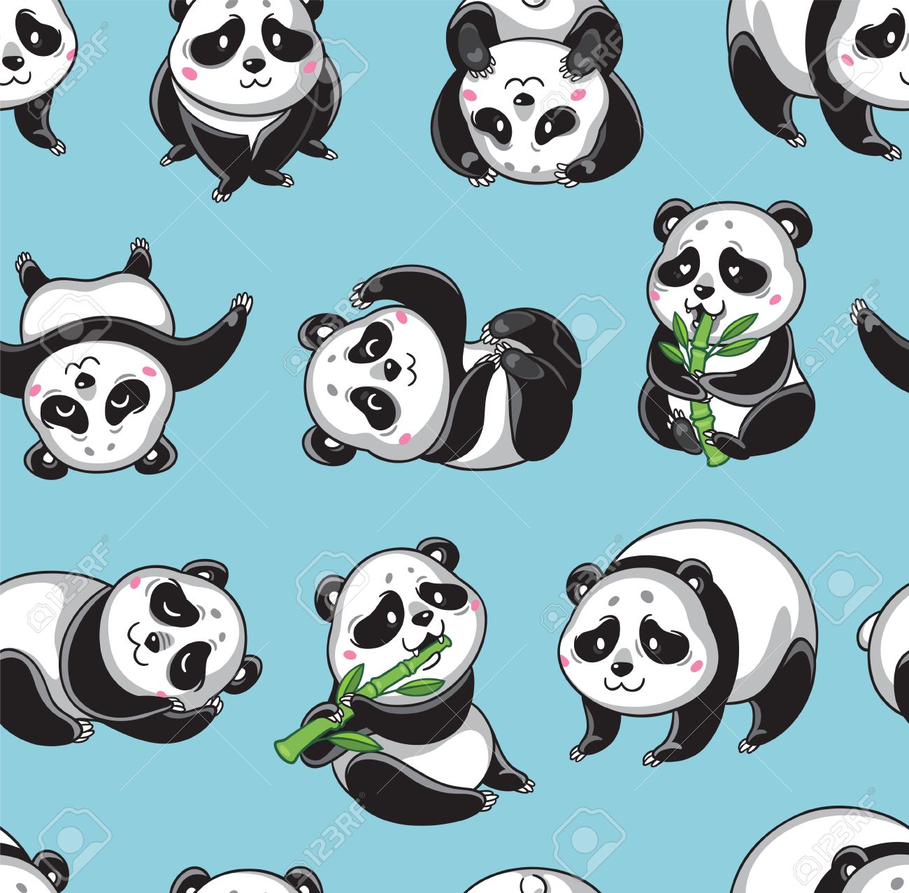 Seamless Cartoon Wallpaper With Cute Pandas Isolated On Blue